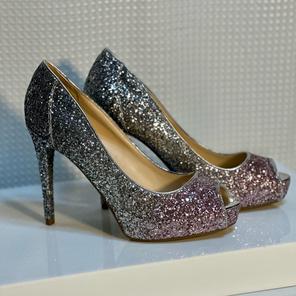 Marc Fisher Silver and Purple Glitter Heels